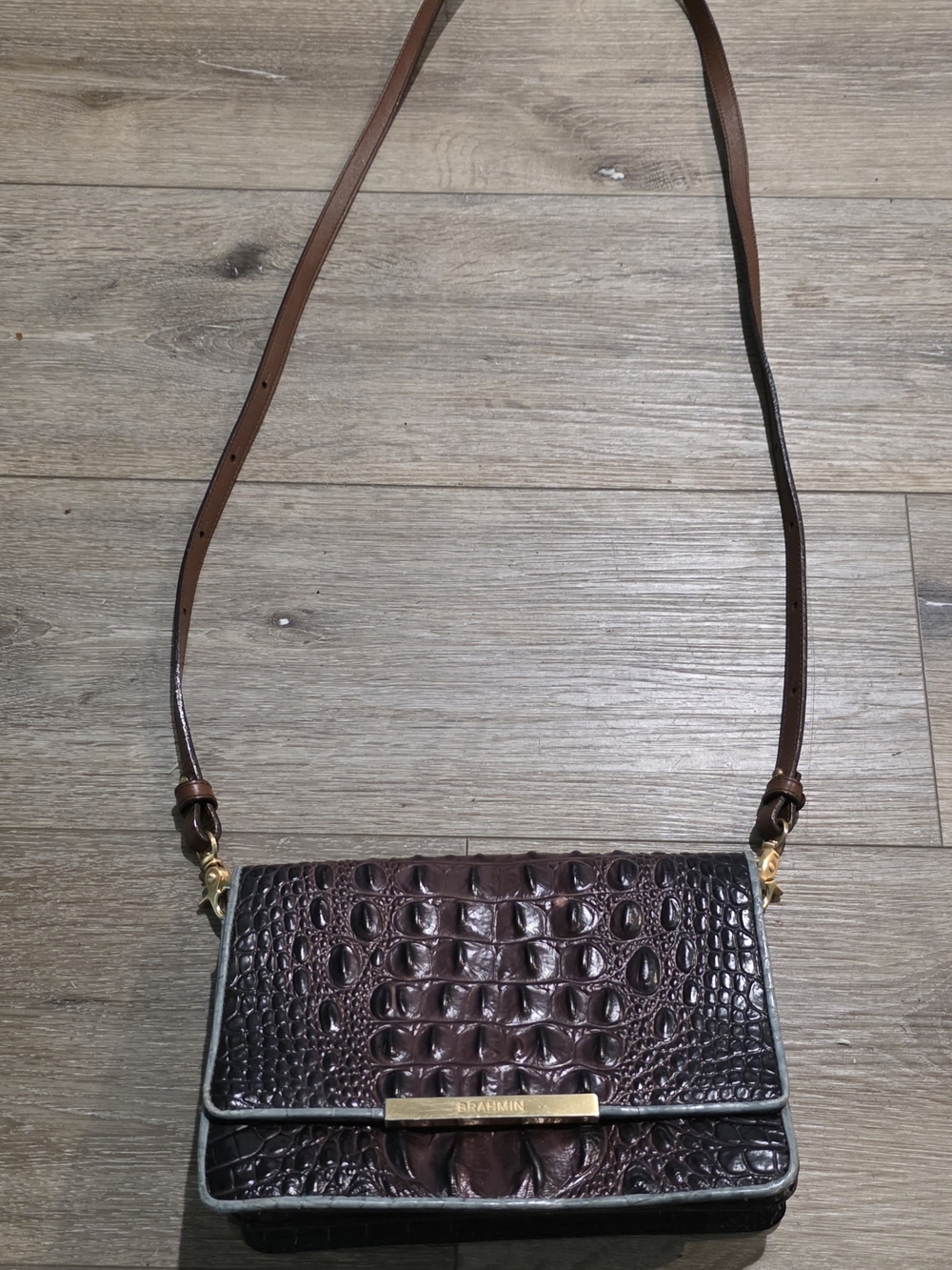 Brahmin Croc-Embossed Brown Leather Crossbody Bag
